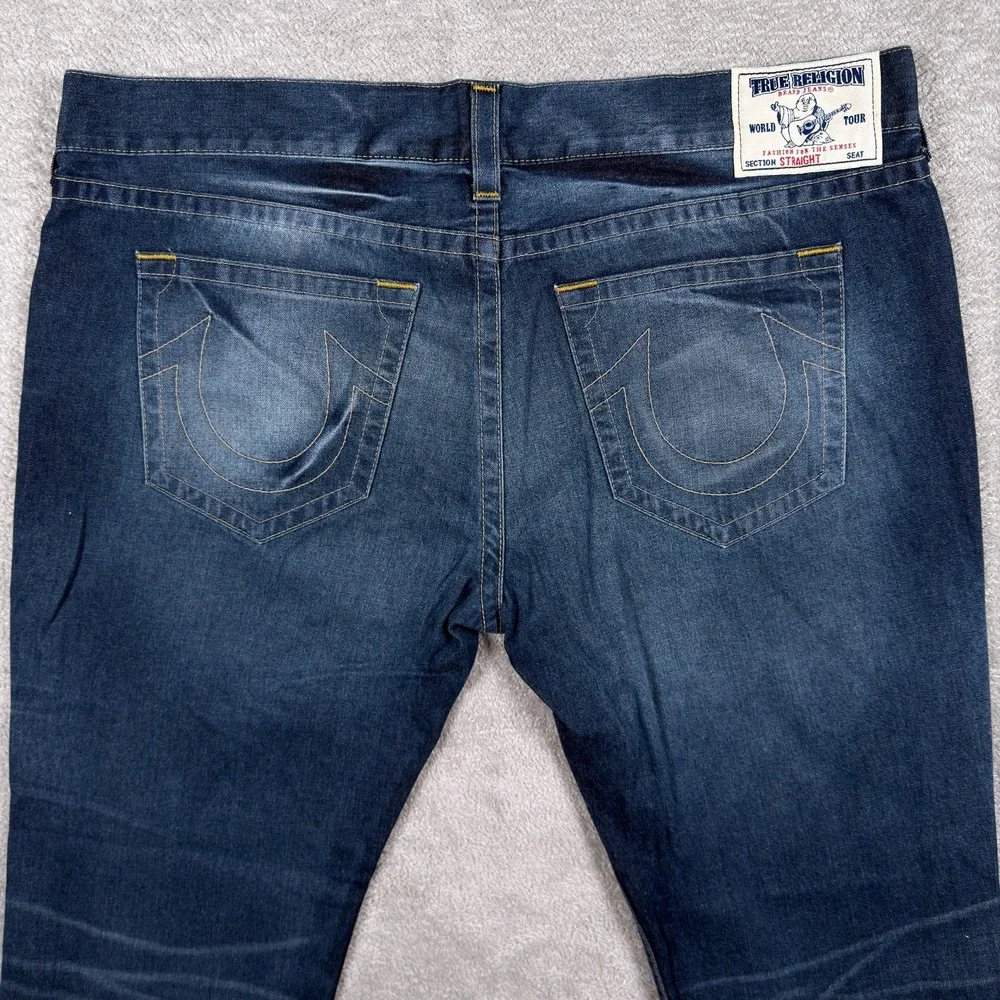 True Religion Jeans Mens 44x34 Straight Allover Earthworm Gold Cursed Blue Denim